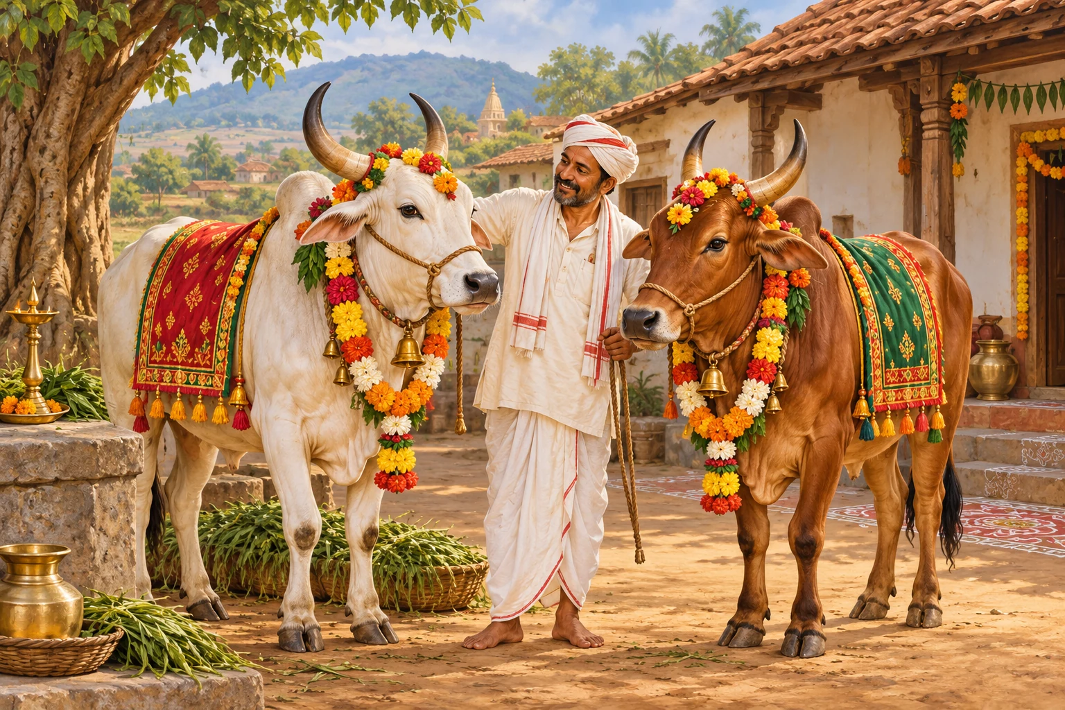 Decorated bullocks with a farmer during Bail Pola