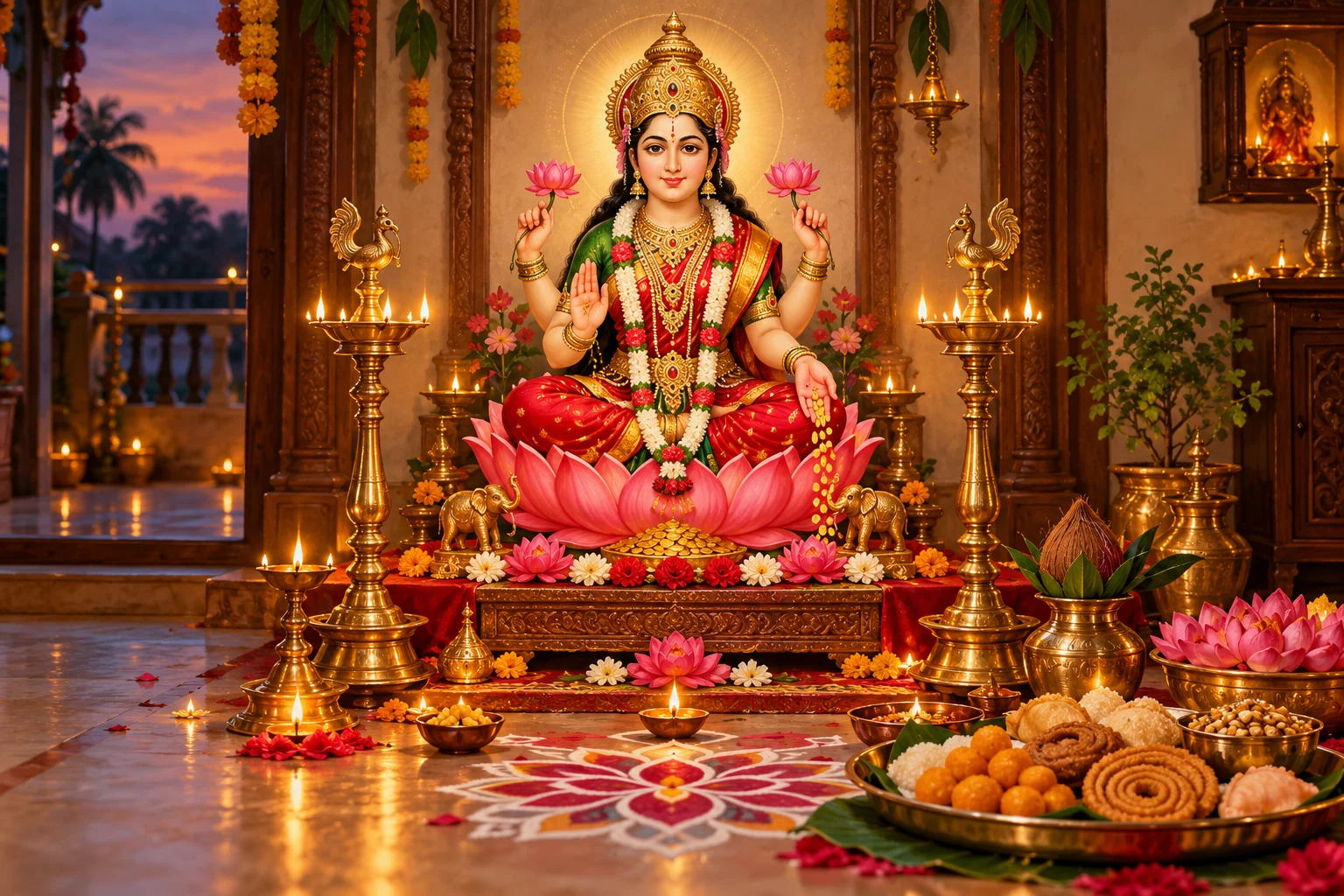 Lakshmi shrine with oil lamps and Diwali offerings