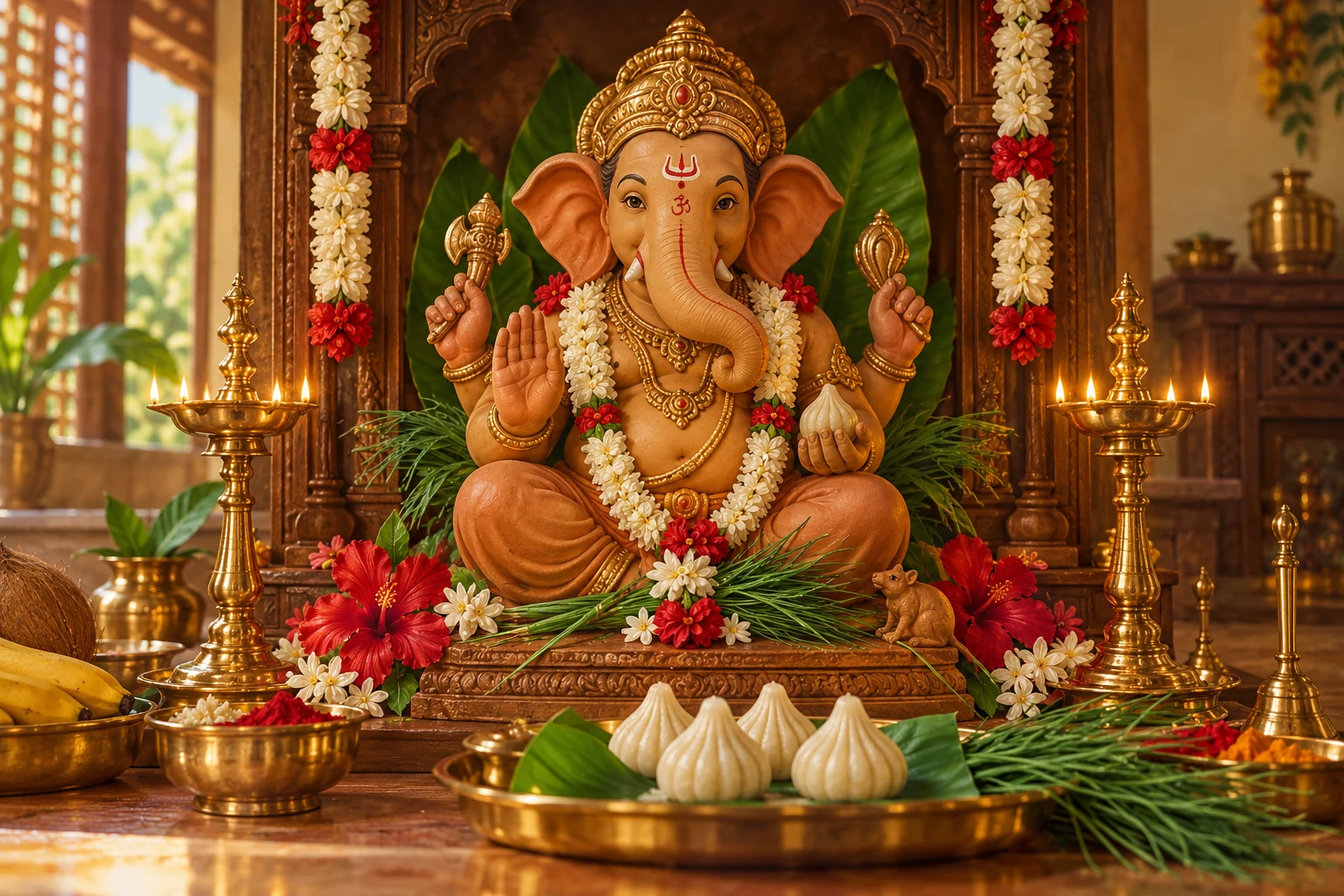 Ganesha idol with modak and durva in a Maharashtrian shrine