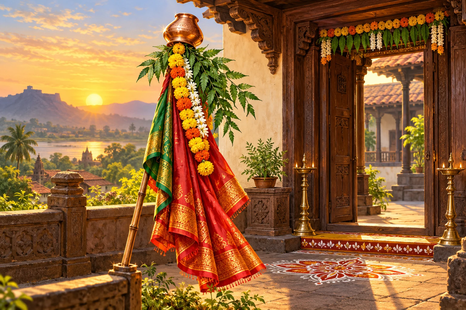 Traditional Gudi with silk cloth and copper vessel outside a Maharashtrian home