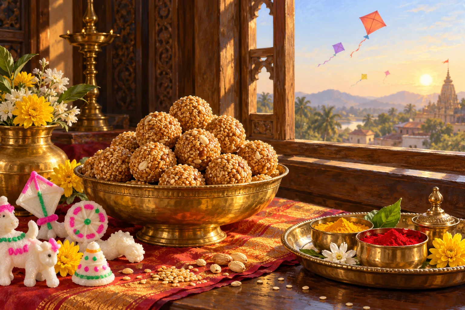 Tilgul sweets and a haldi kumkum plate for Makar Sankranti