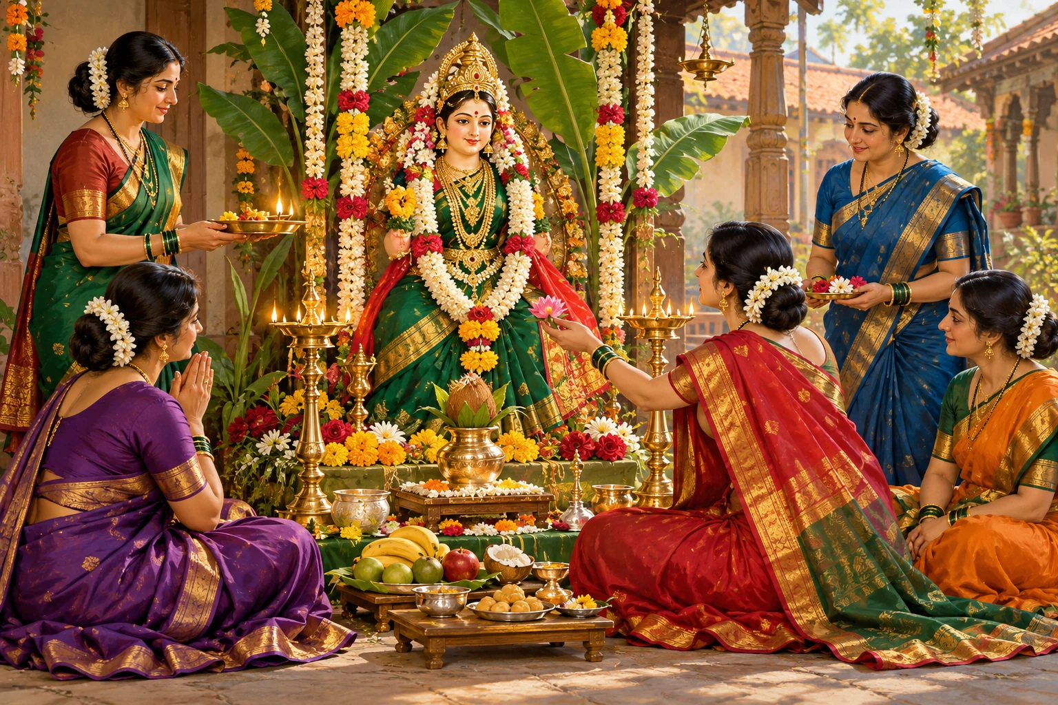 Women gathered at a Gauri shrine for Mangala Gauri Puja