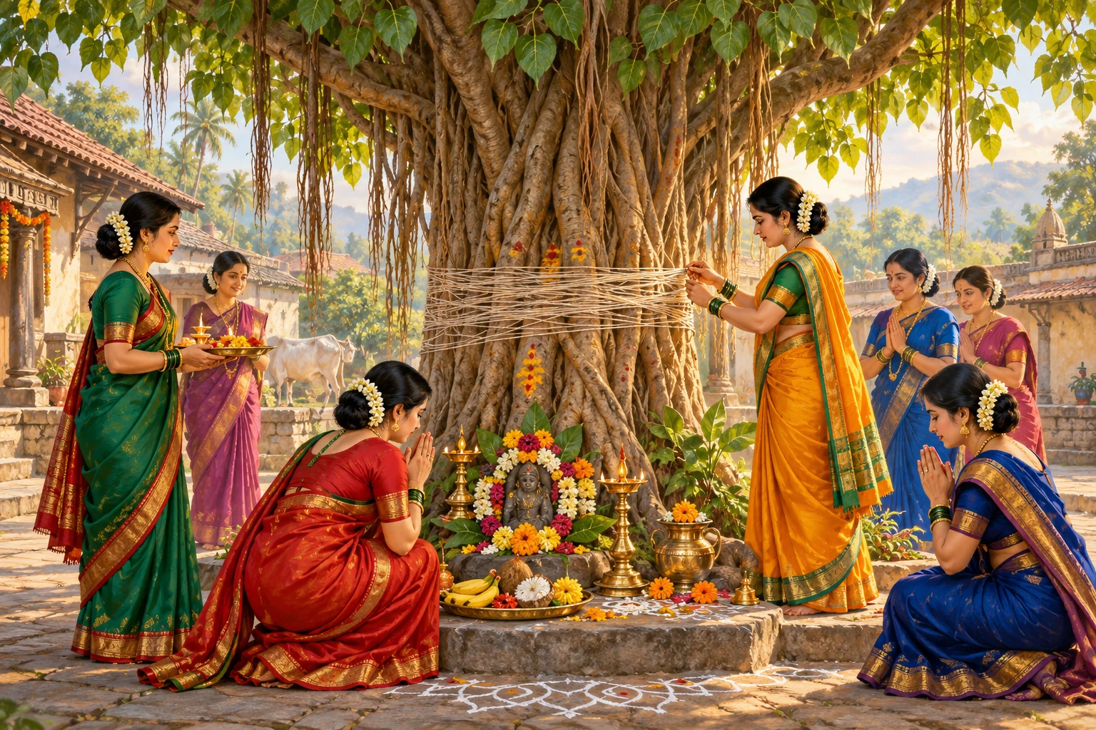 Women worshipping beside a banyan tree for Vat Purnima